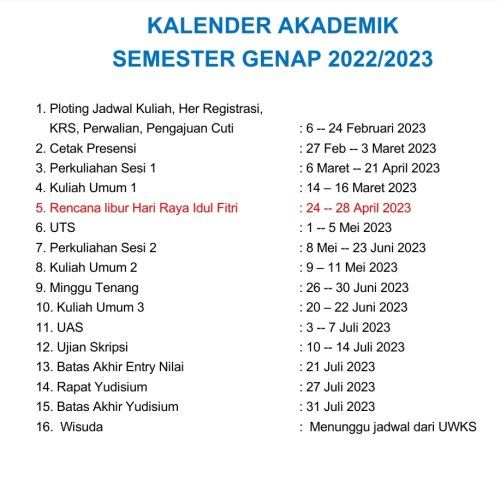 Kalender Akademik Semester genap tahun 2022/2023